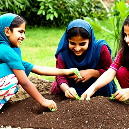 Home 4 **A group of Pakistani children planting seeds in a garden, smiling and learning about nature. The scene is bright and colorful, with traditional Pakistani patterns incorporated into the garden design. Focus on the joy and connection to the earth.**