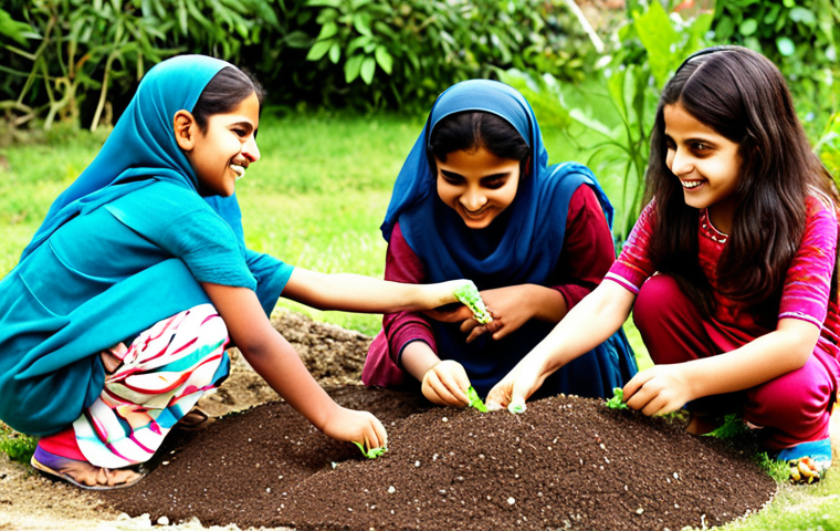 **A group of Pakistani children planting seeds in a garden, smiling and learning about nature. The scene is bright and colorful, with traditional Pakistani patterns incorporated into the garden design. Focus on the joy and connection to the earth.**