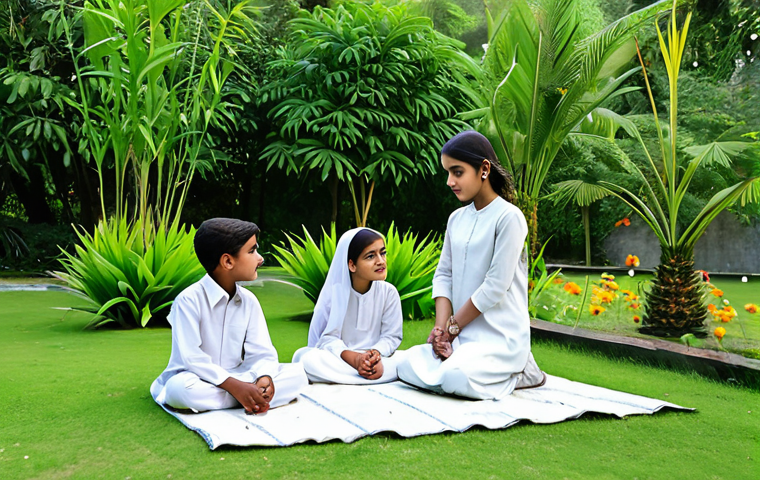 자연 교육을 위한 커리큘럼 혁신 - **A group of children, fully clothed in traditional shalwar kameez, learning about plants in a lush ...