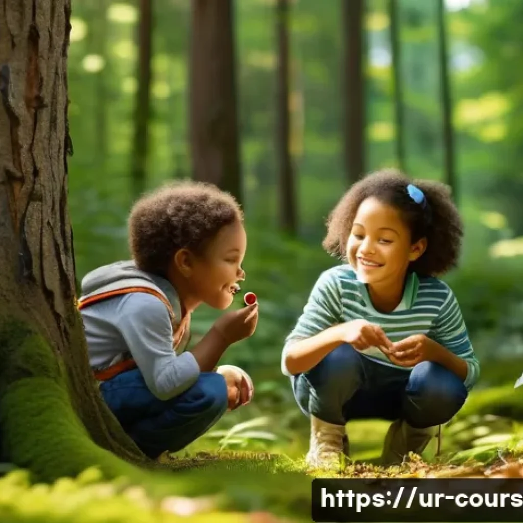 야외 학습에서의 창의적 문제 해결 - **Prompt:** A group of diverse children, aged 7-12, are happily exploring a lush, sun-dappled forest...
