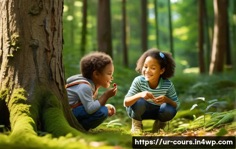 야외 학습에서의 창의적 문제 해결 - **Prompt:** A group of diverse children, aged 7-12, are happily exploring a lush, sun-dappled forest...