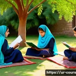 야외 학습의 과제 및 해결 방안 - A vibrant outdoor classroom scene in a lush green garden in Pakistan, showing diverse children aged ...