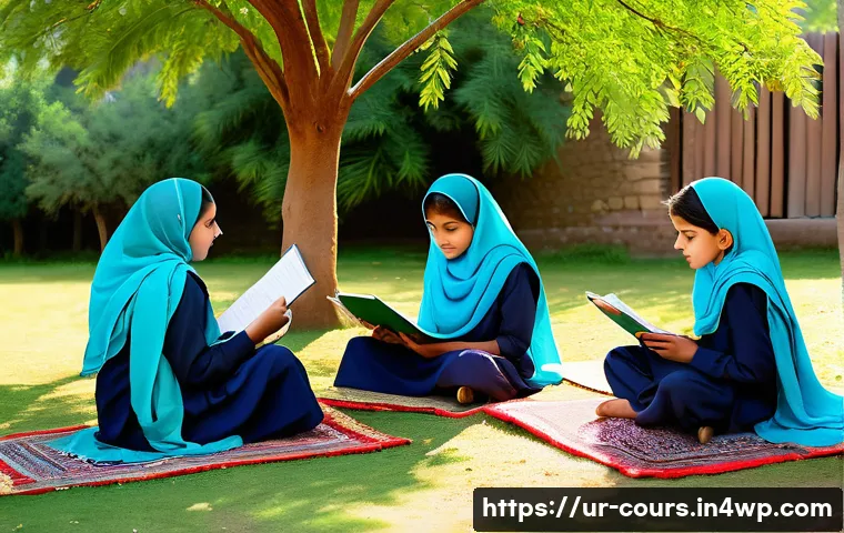 야외 학습의 과제 및 해결 방안 - A vibrant outdoor classroom scene in a lush green garden in Pakistan, showing diverse children aged ...