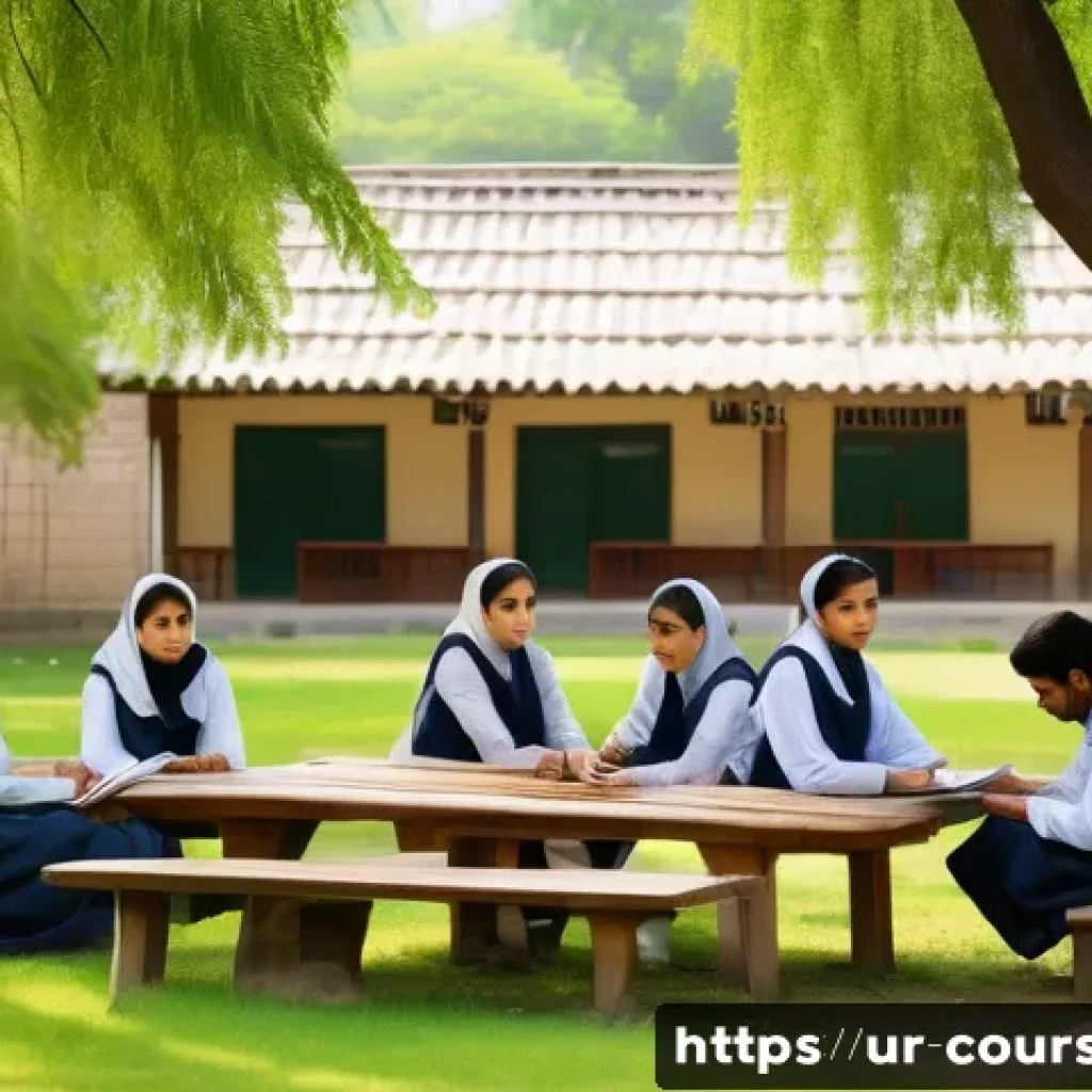 야외 수업을 위한 장소 선택 가이드 - A serene outdoor classroom scene set in a lush green park in Pakistan during springtime, featuring a...