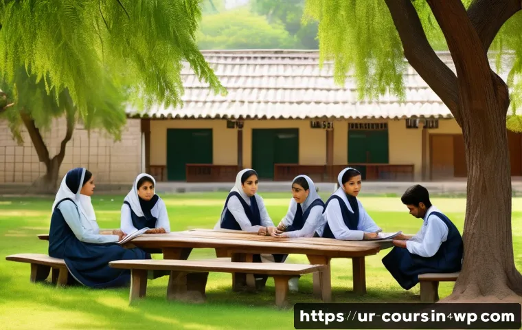 야외 수업을 위한 장소 선택 가이드 - A serene outdoor classroom scene set in a lush green park in Pakistan during springtime, featuring a...