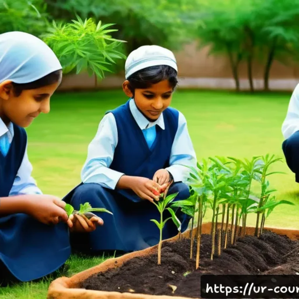 야외 학습의 지속 가능성 챌린지 - A vibrant outdoor classroom scene in a lush garden or park setting in Pakistan, showing a diverse gr...