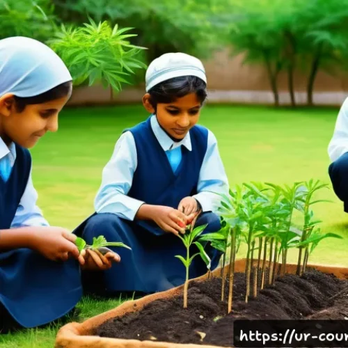 야외 학습의 지속 가능성 챌린지 - A vibrant outdoor classroom scene in a lush garden or park setting in Pakistan, showing a diverse gr...