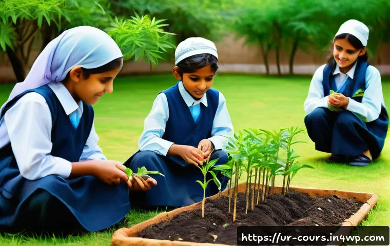 야외 학습의 지속 가능성 챌린지 - A vibrant outdoor classroom scene in a lush garden or park setting in Pakistan, showing a diverse gr...