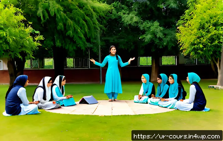 Home 17 야외 수업의 특징과 장점 - Photorealistic outdoor class in a lush Pakistani school garden, a female teacher in modest shalwar k...