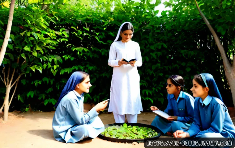 Home 17 야외 학습의 차별화 전략 - Photorealistic outdoor learning scene in a Pakistani school garden, a female teacher in modest shalw...